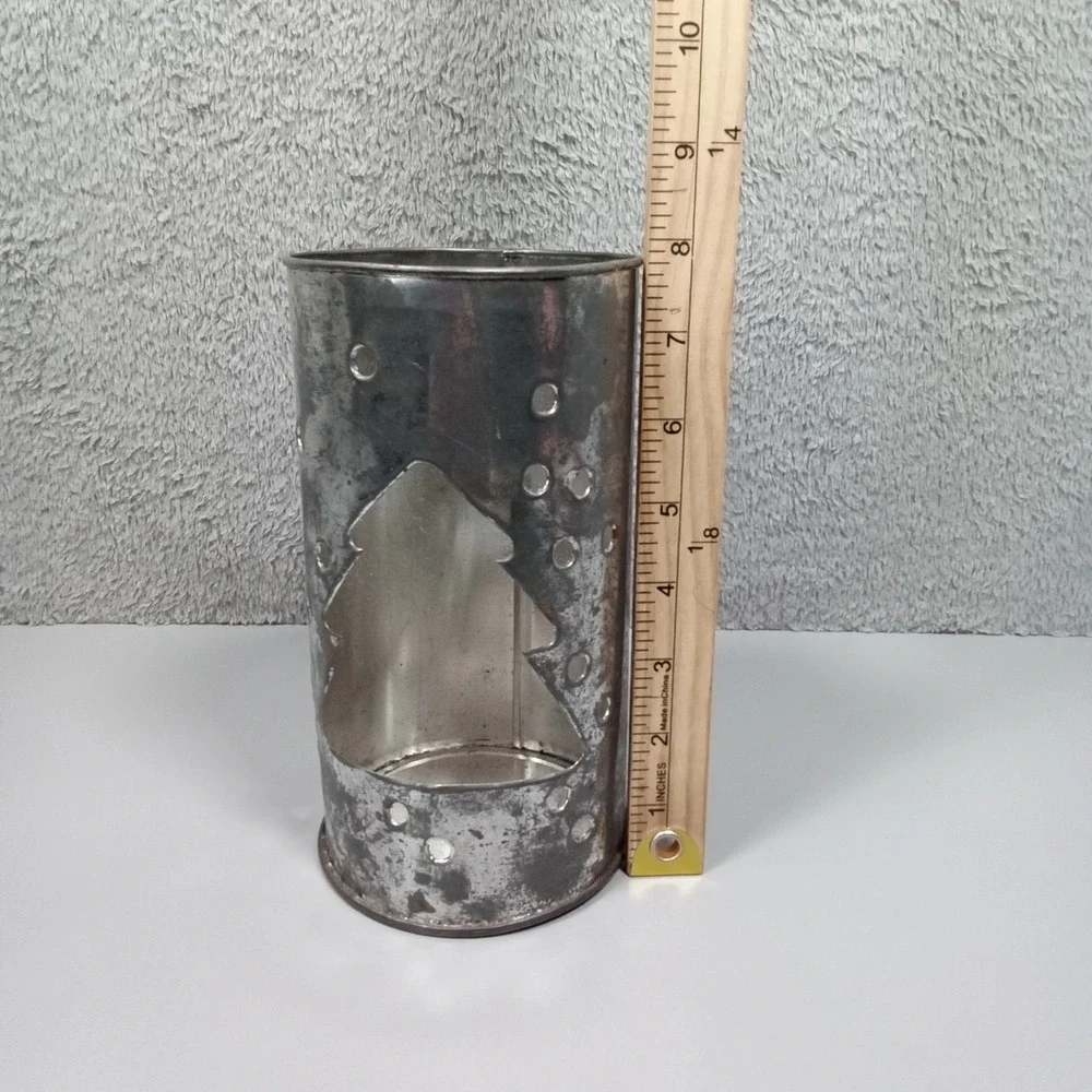 Rustic Punched Tin Christmas Tree Candle Holder Galvanized Metal‎ Lantern 7.75